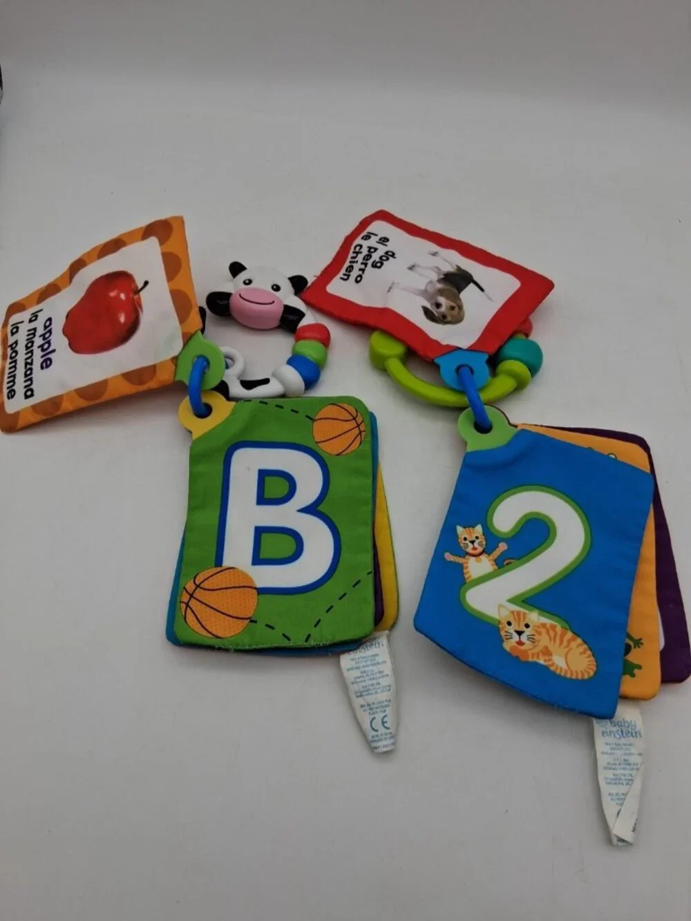 2 Baby Einstein Take Along Discovery Cards Clip-on Crinkle Teether ABC's & 123's
